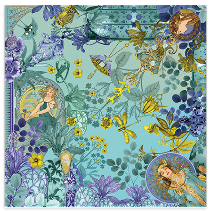 Foulard Carré Brokante Guimard Turquoise 130x130 cm Modal Écoresponsable