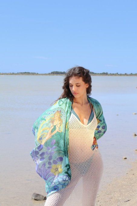 Foulard Carré Brokante Guimard Turquoise 130x130 cm Modal Écoresponsable