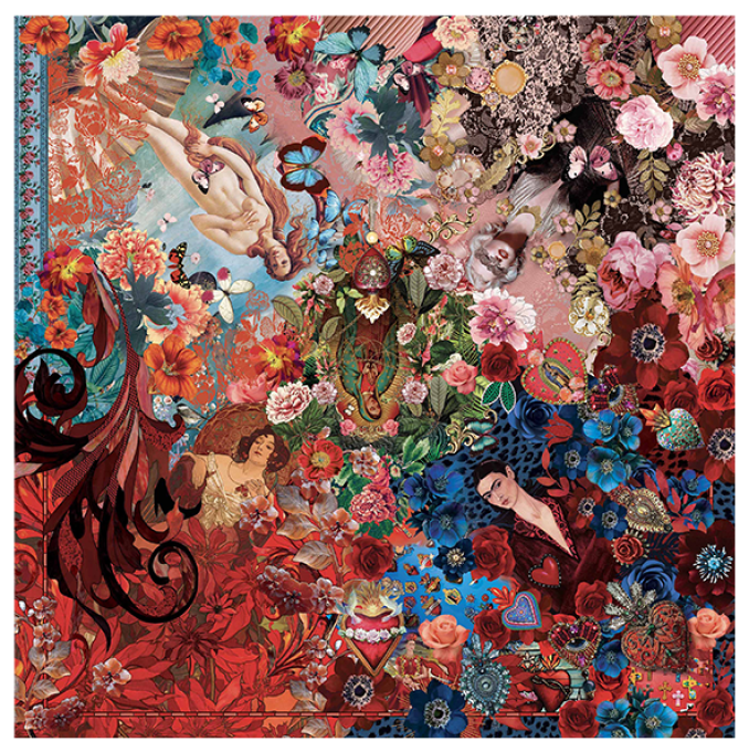 Carré Brokante Madones 130x130 cm Cachemire et Soie avec Franges