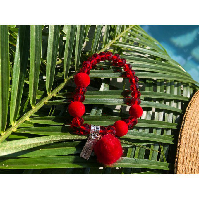 Bracelet femme rouge pompon