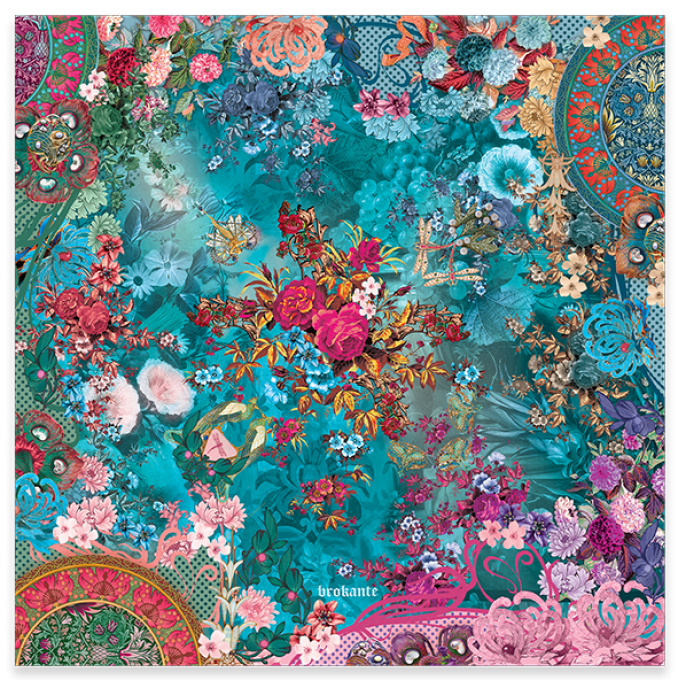 Carré Cachemire Brokante Camelia 130x130 cm avec Franges Fines